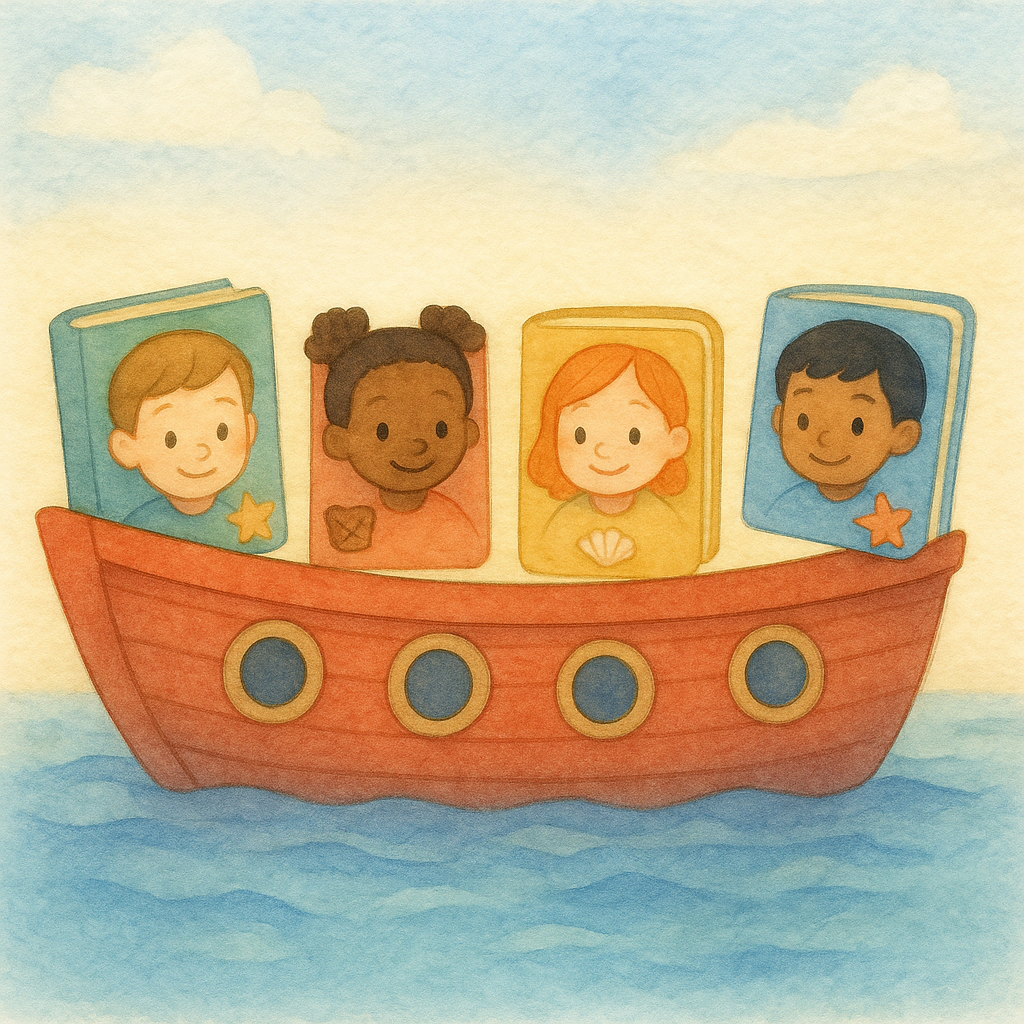 Four diverse children as profile cards in a boat