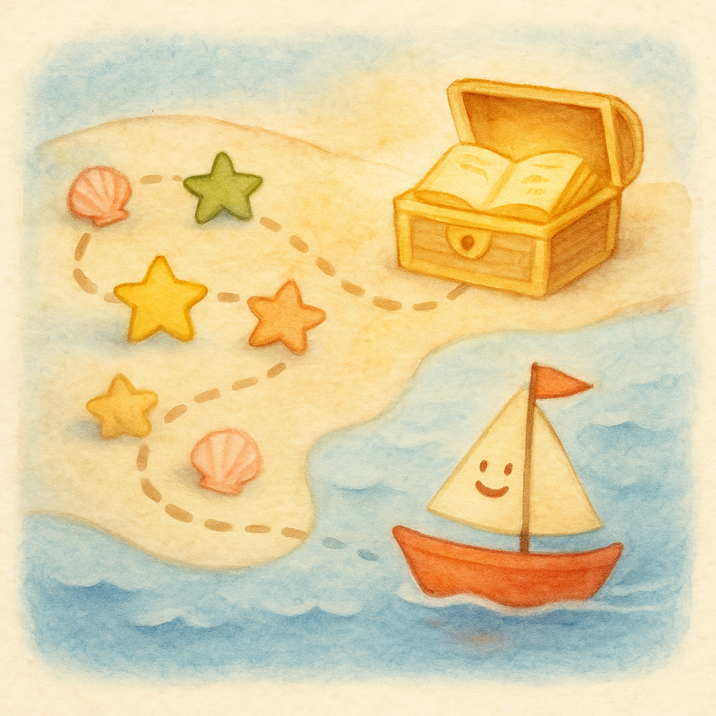 Progress tracking with treasure chest, stars, and sailboat